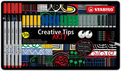 Tűfilc készlet, fém doboz, STABILO "Creative Tips ARTY", 6 különböző szín, 5 különböző vastagság